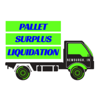 Pallet Surplus Liquidation Logo Newburgh IN. Large truck that is hauling a truckload of pallets. Has the company logo on the side of the truck. Lime tree and black colors.